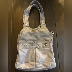 Pale gray grained leather Marc Jacobs Totally Turnlock Terre Tote shoulder bag